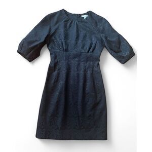 Eva Mendes Damask Black Career Cocktail Sheath Dress Size 4 Puffy Bubble Sleeve